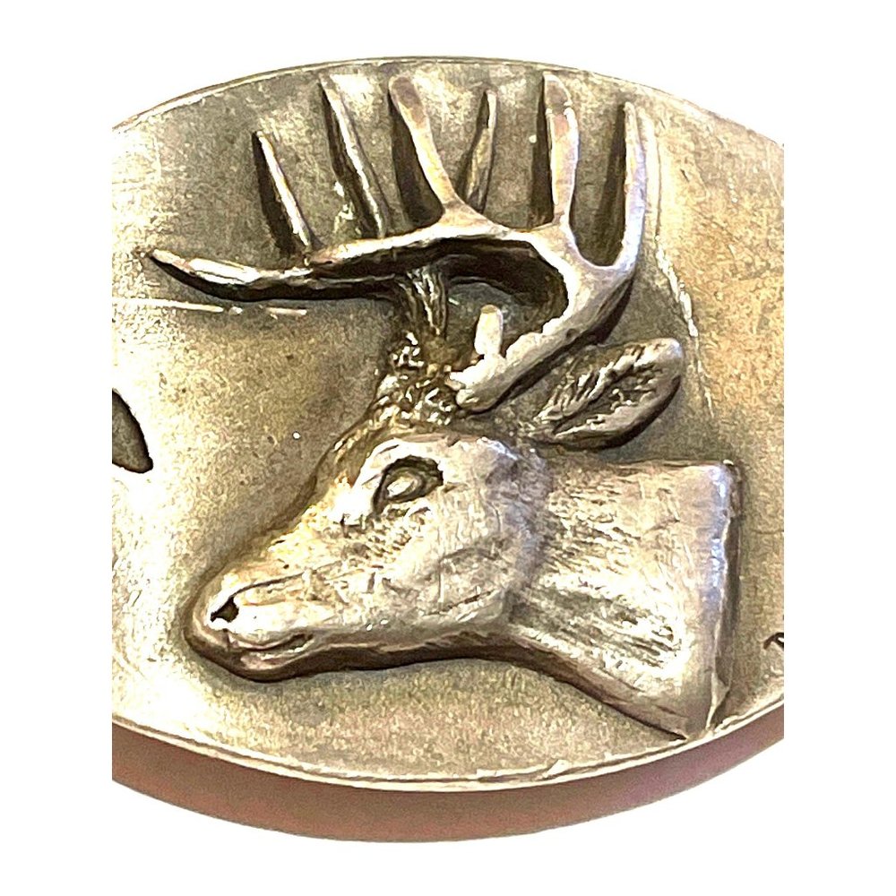 Vintage 70s Lou DePaolis 3D Elk Pewter Belt Buckle Fishing Bear on River